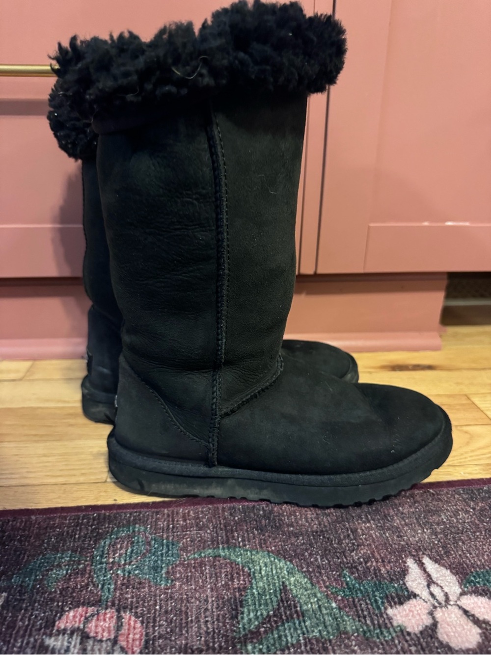 UGG Classic Tall Boots Black Suede Cuffable Sheepskin Lined Women's 7